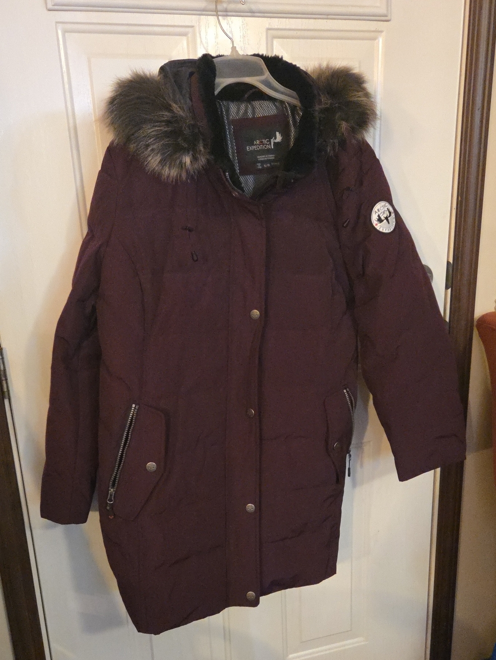 Women’s Quilted Long Parka Coat with Faux-Fur Hood - Deep Plum Size XL NWOT